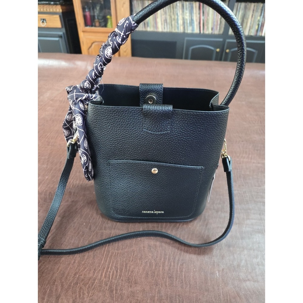 NWT Nanette Lepore Crossbody Triple Section Bucket Bag Black Pebble Leather Gold